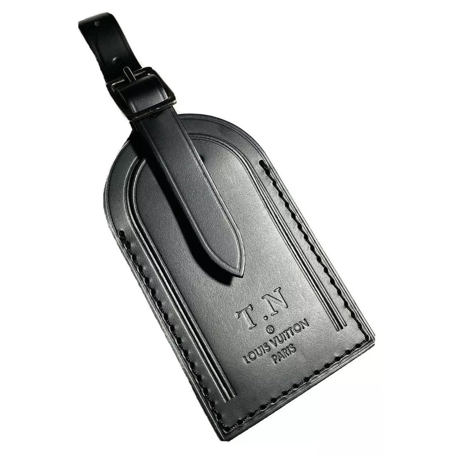 Louis Vuitton Paris Name Tag w/ TN Initials Goldtone Black Leather