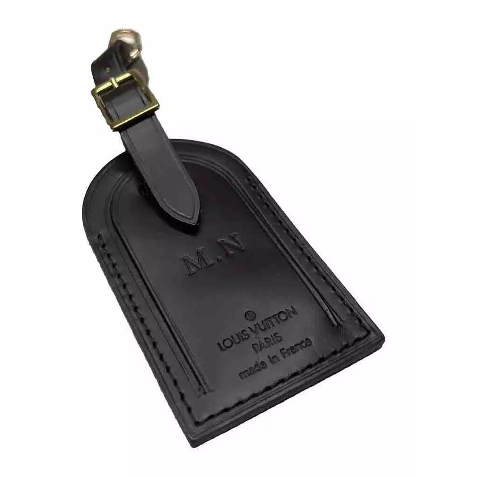 Louis Vuitton Name Tag w/ NM Stamped Dark Brown Leather Goldtone Large