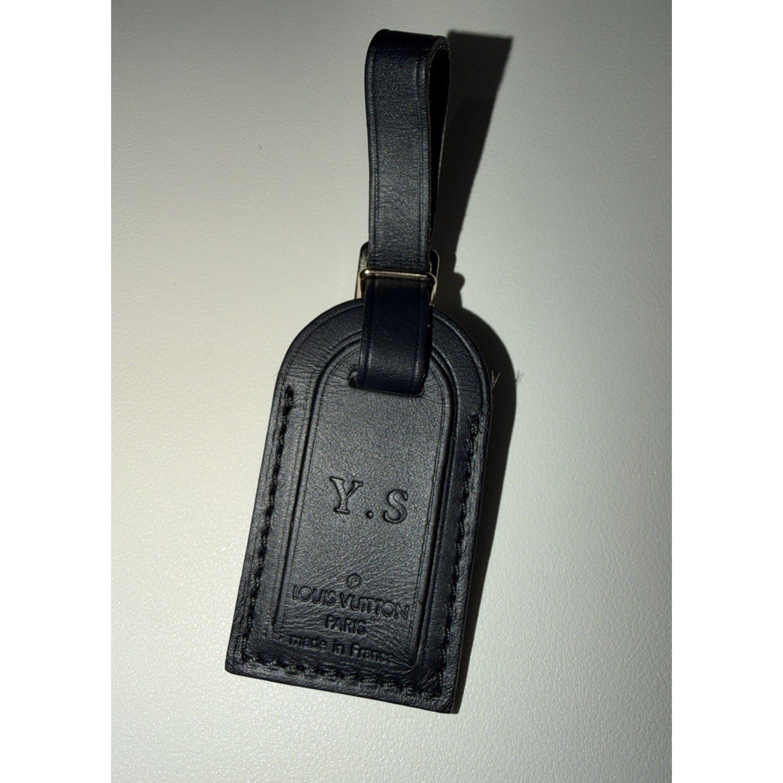 Louis Vuitton Black Leather Name Tag w/ Y S Initials Small Goldtone France