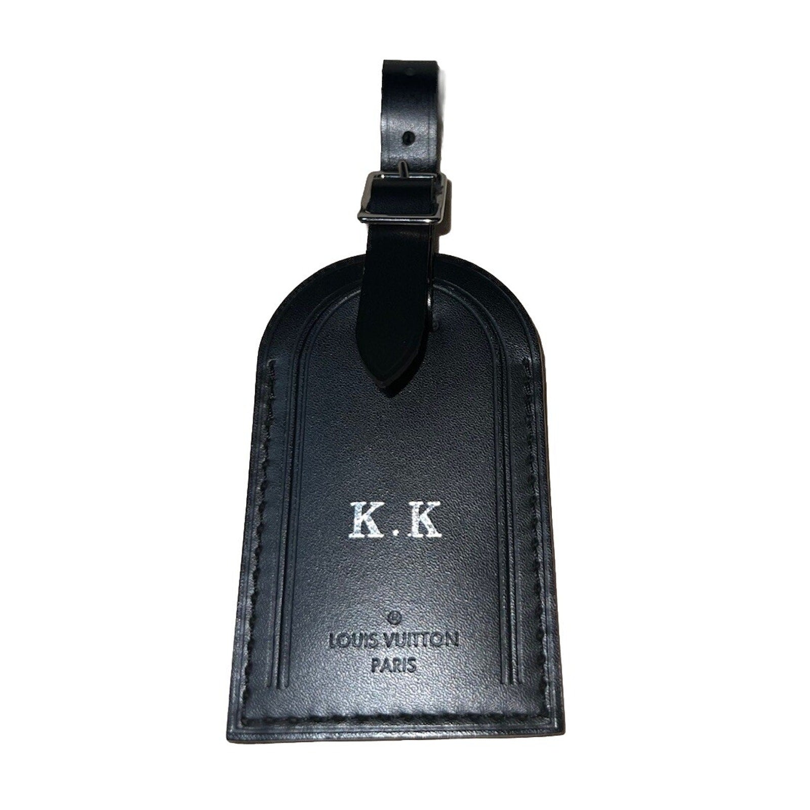 Louis Vuitton Paris KK Silver ID Name Tag Black Leather Silver Tone Large 🍂