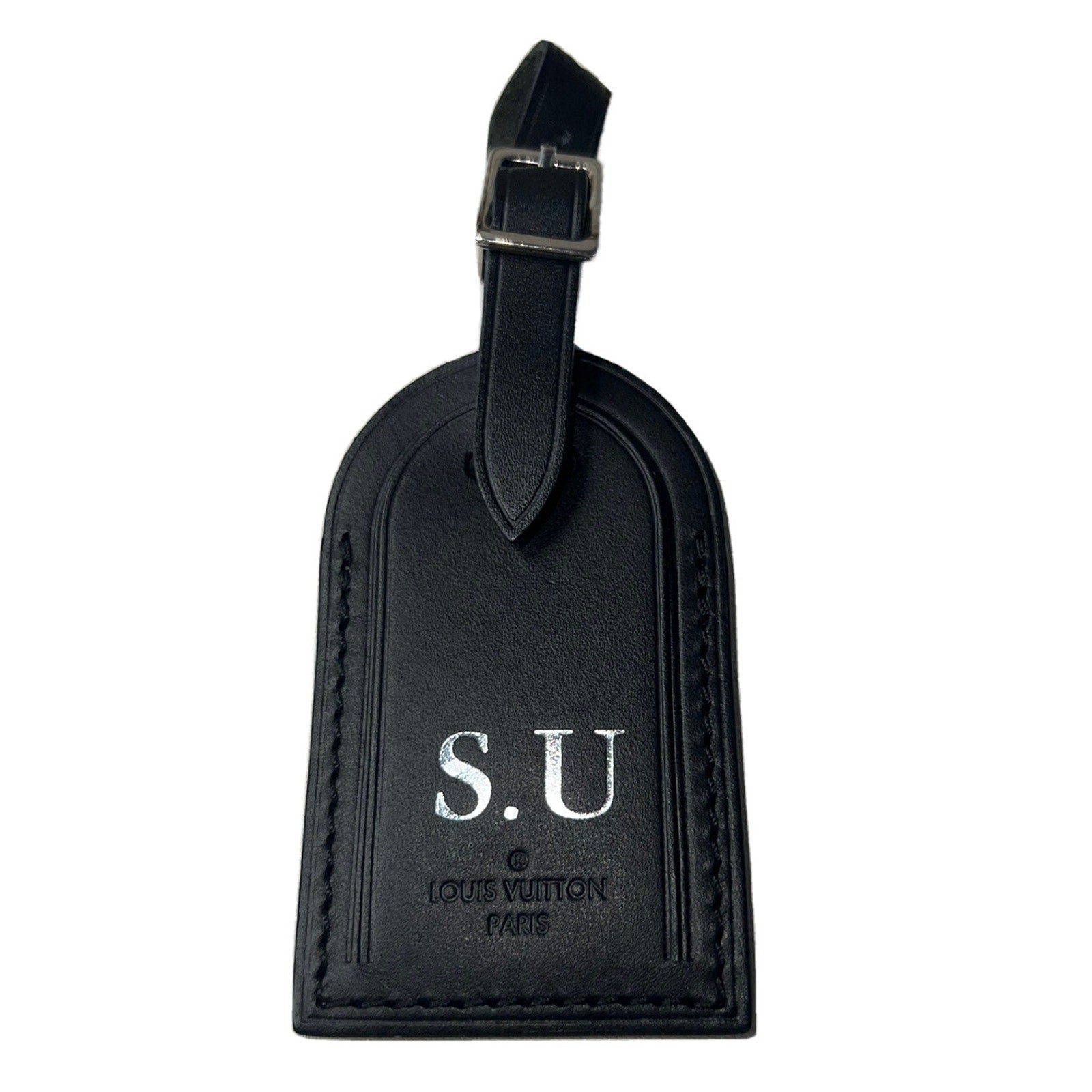 Louis Vuitton Paris Black Leather Name Tag Large Silvertone SU Initials