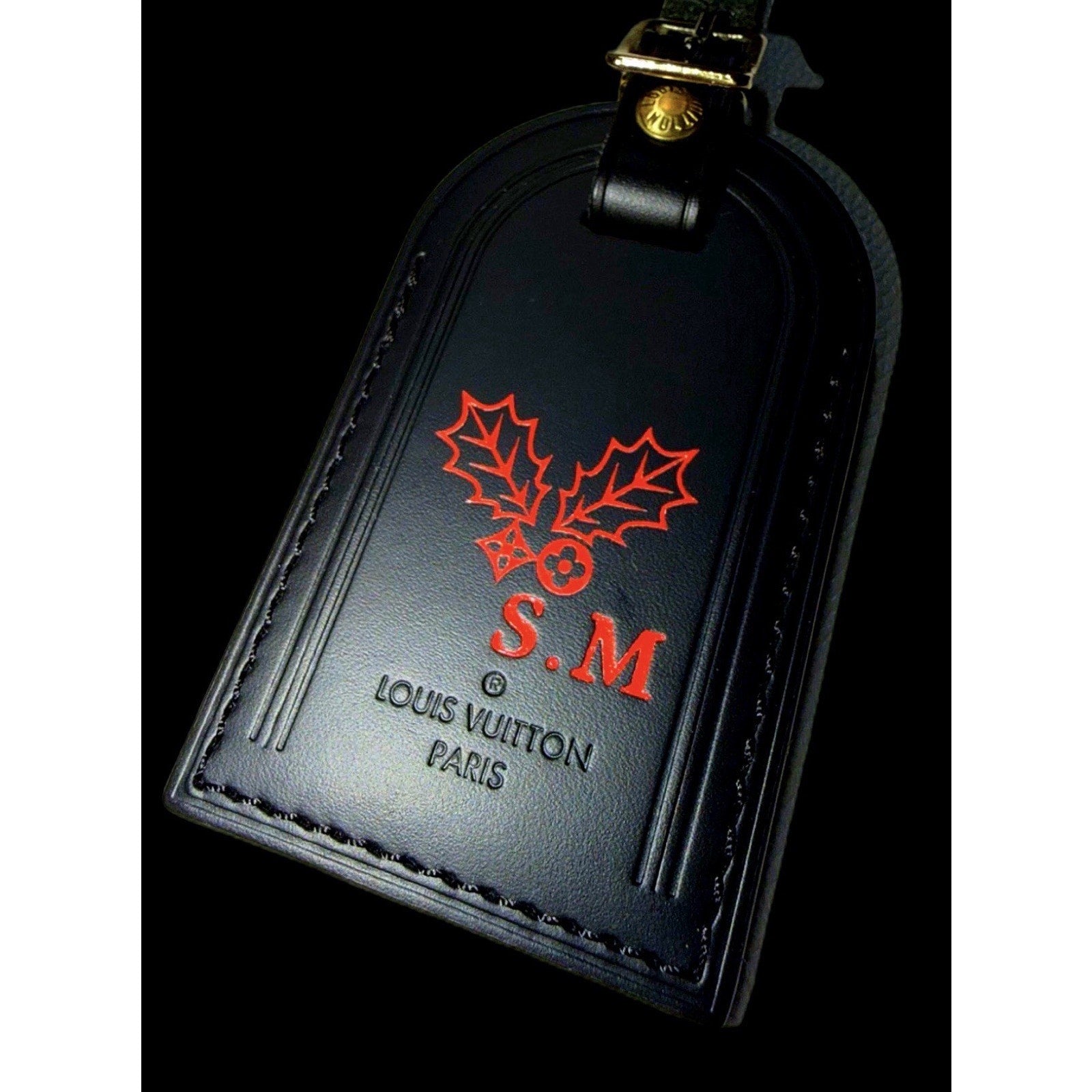 Louis Vuitton Paris Name Tag w/ SM Red Initials Christmas Holly Berrie
