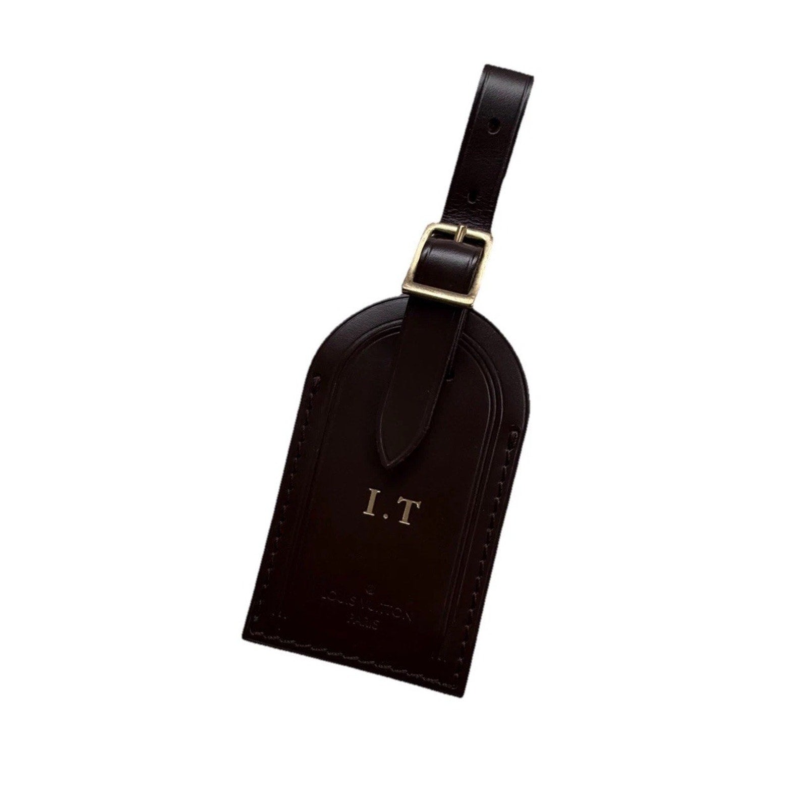 Louis Vuitton Luggage Tag w/ IT Initials Gold-tone Leather Damier Ebene Brown