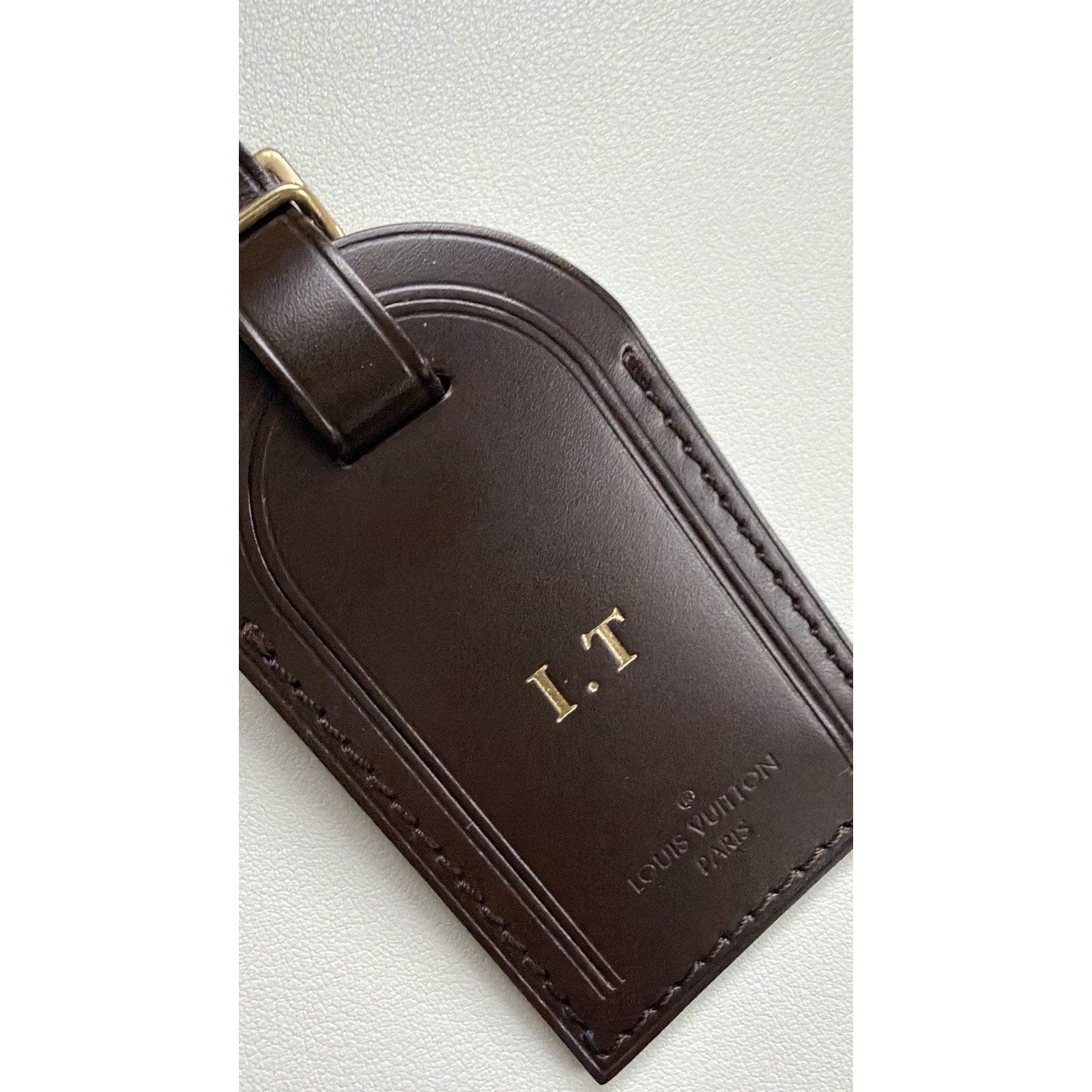 Louis Vuitton Name Tag w/ IT Initials Gold-tone Brown Leather Damier Ebene