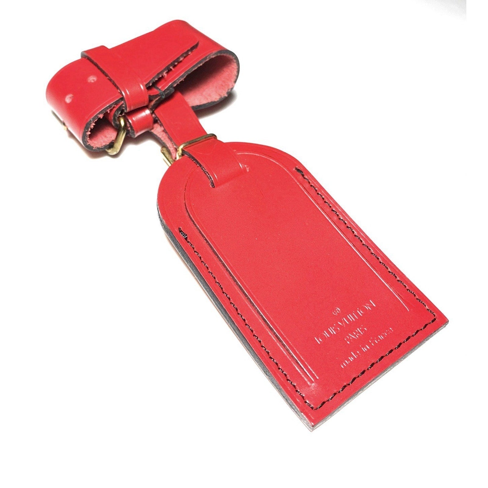 Louis Vuitton Red Leather Name Tag Goldtone Metal Black Stitching w/ Strap Set