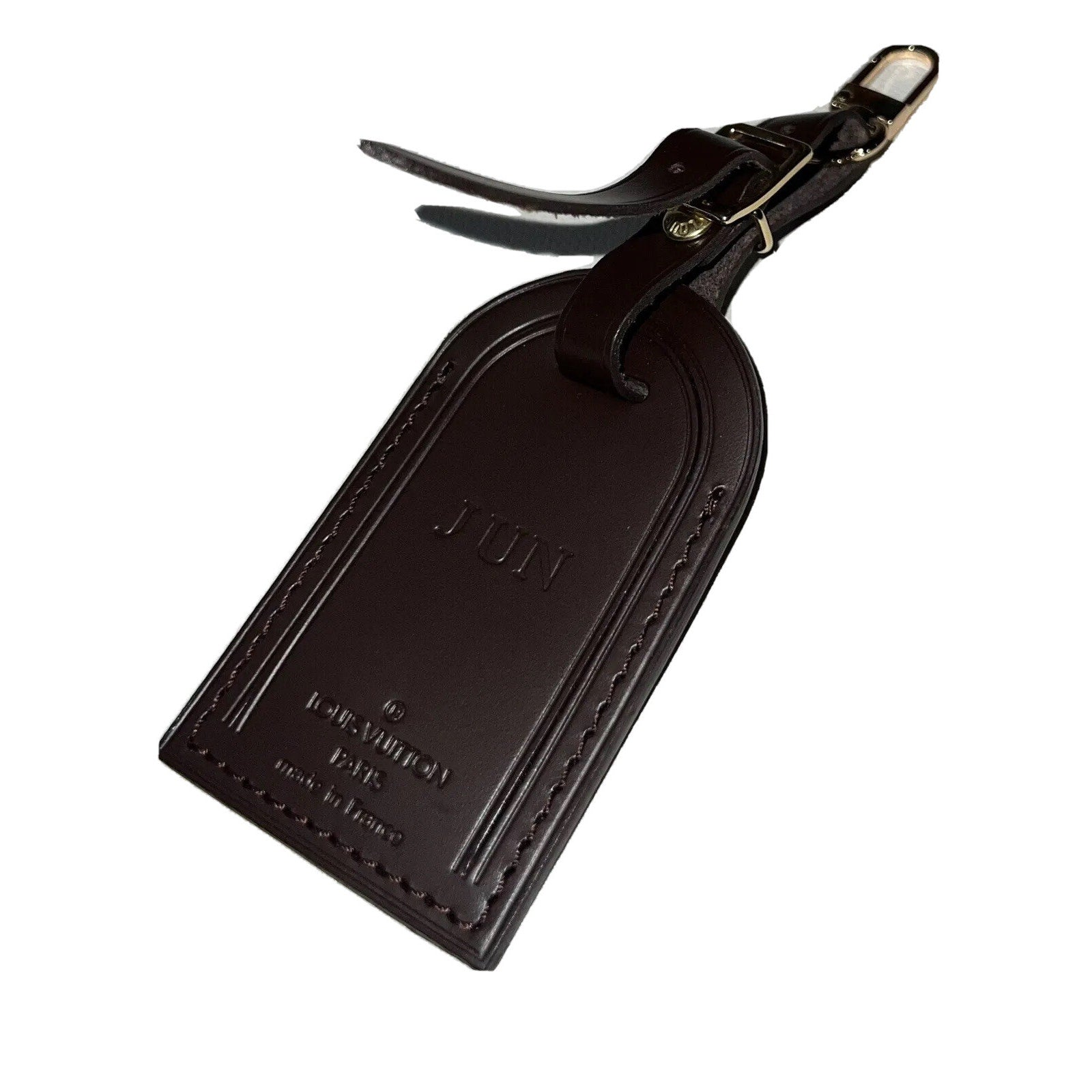 Louis Vuitton Name Tag w/ JUN ID Initials Damier Ebene Leather Goldtone