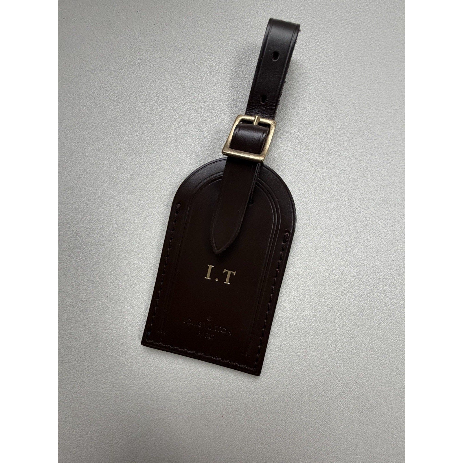 Louis Vuitton Luggage Tag w/ IT Initials Gold-tone Leather Damier Ebene Brown