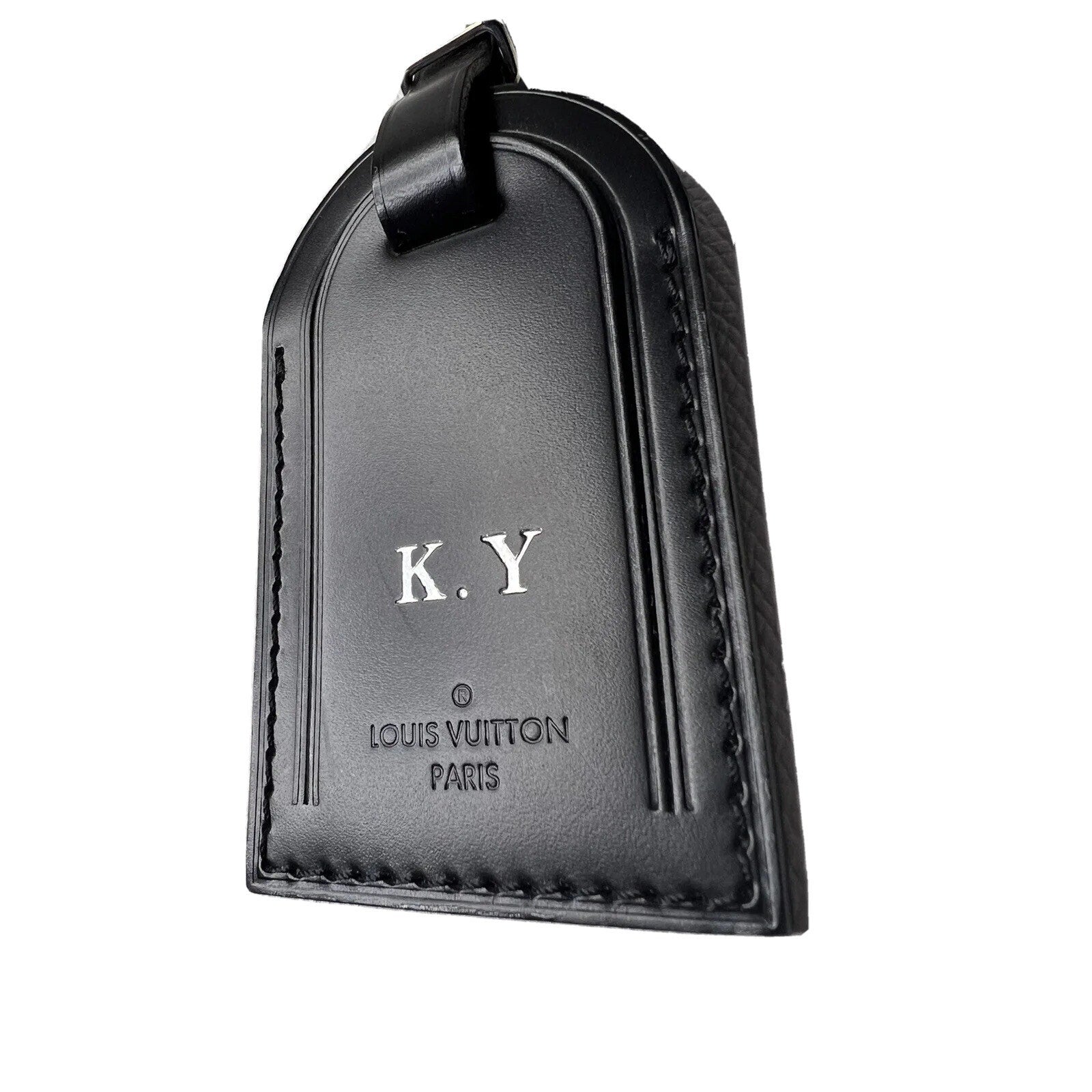 Louis Vuitton Paris Black Name Tag w/ KY Initials Silver- tone Metal UEC