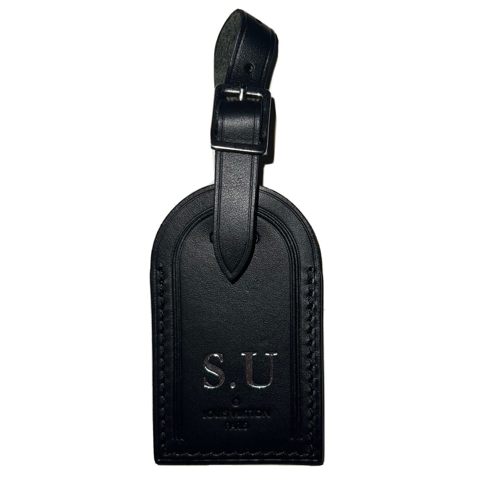 Louis Vuitton Paris Black Leather Name Tag Large Silvertone SU Initials