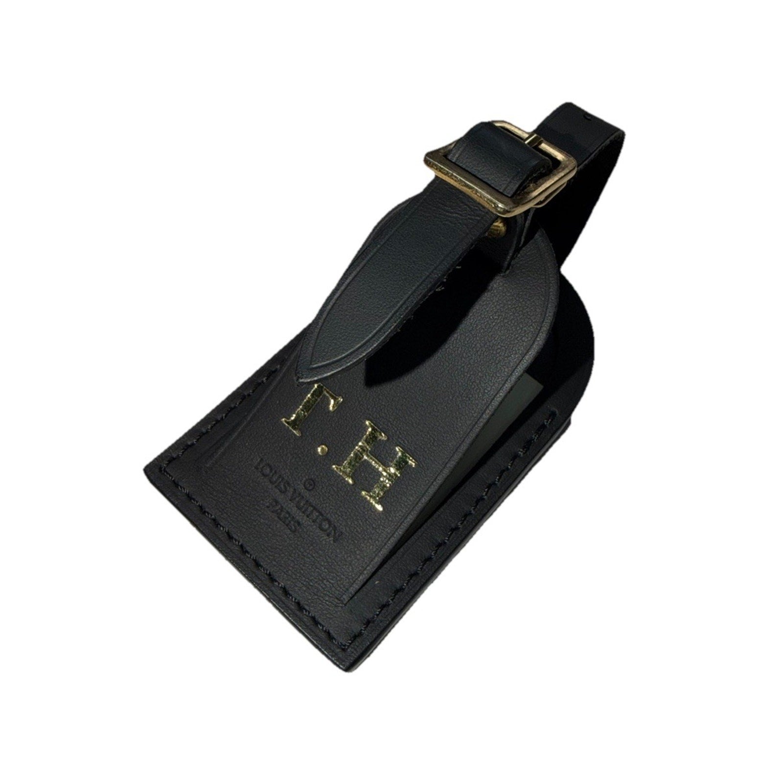 Louis Vuitton Name Tag w/ T H Initials Goldtone Black Large Black