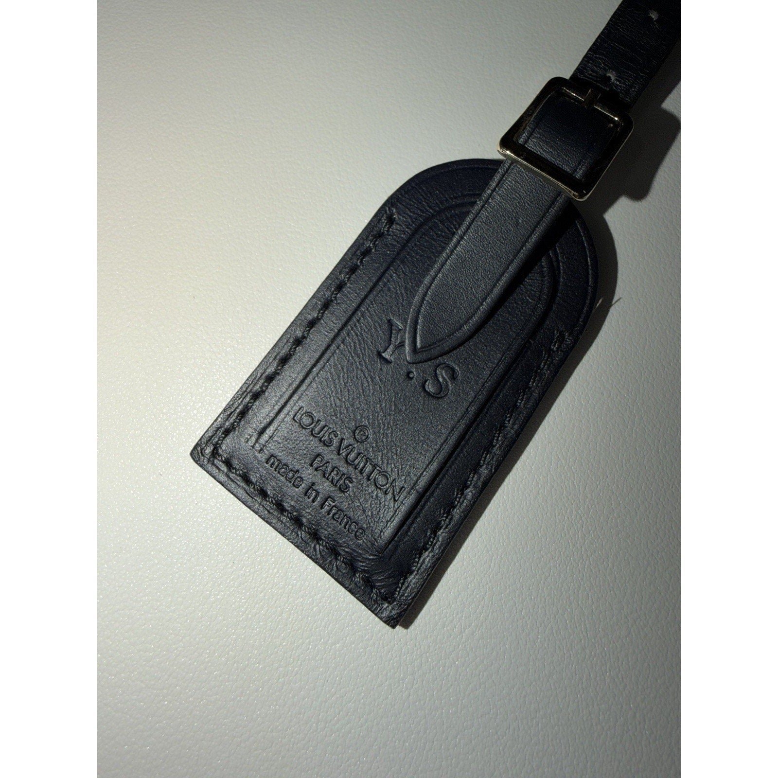 Louis Vuitton Black Leather Name Tag w/ Y S Initials Small Goldtone France