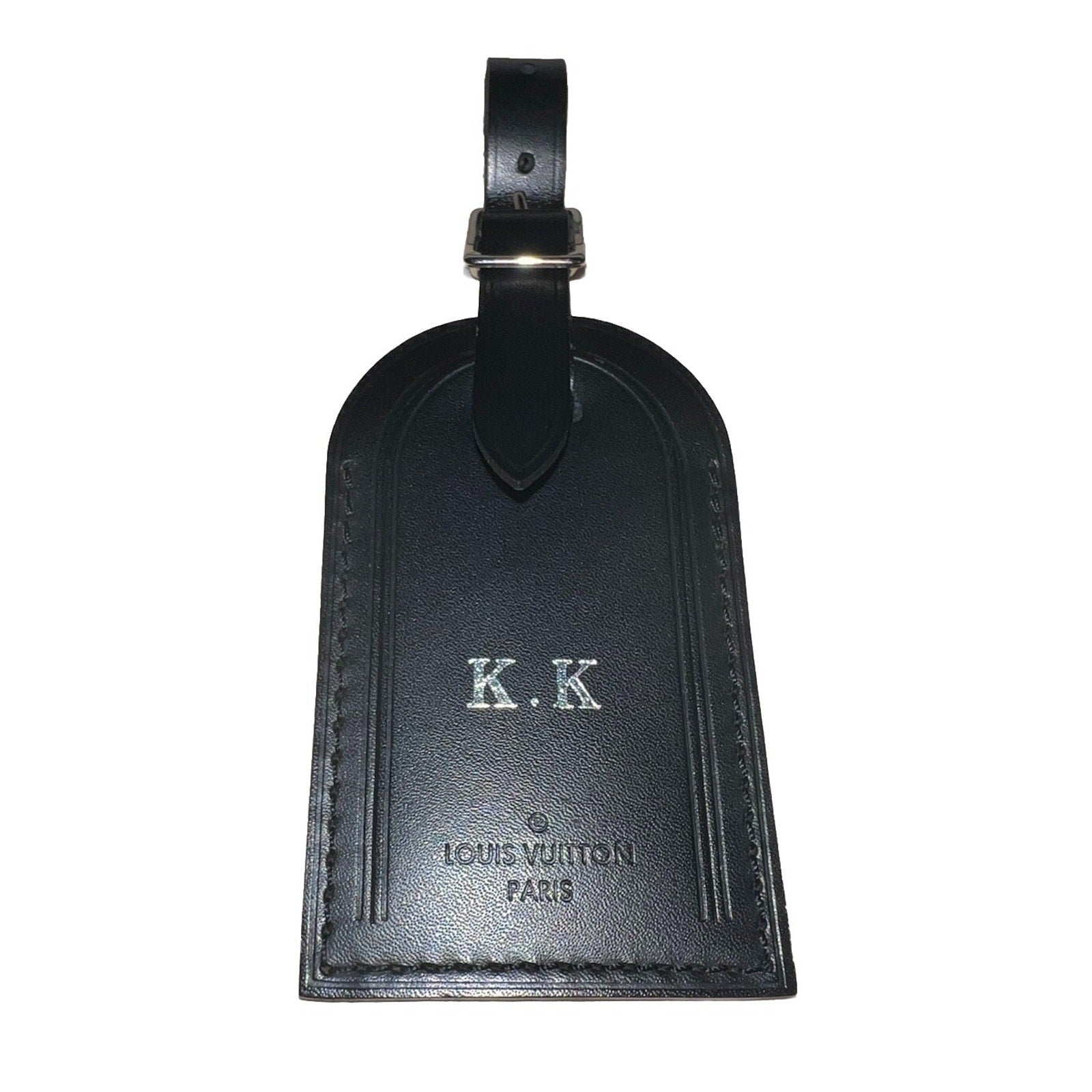 Louis Vuitton Paris KK Silver ID Name Tag Black Leather Silver Tone Large 🍂