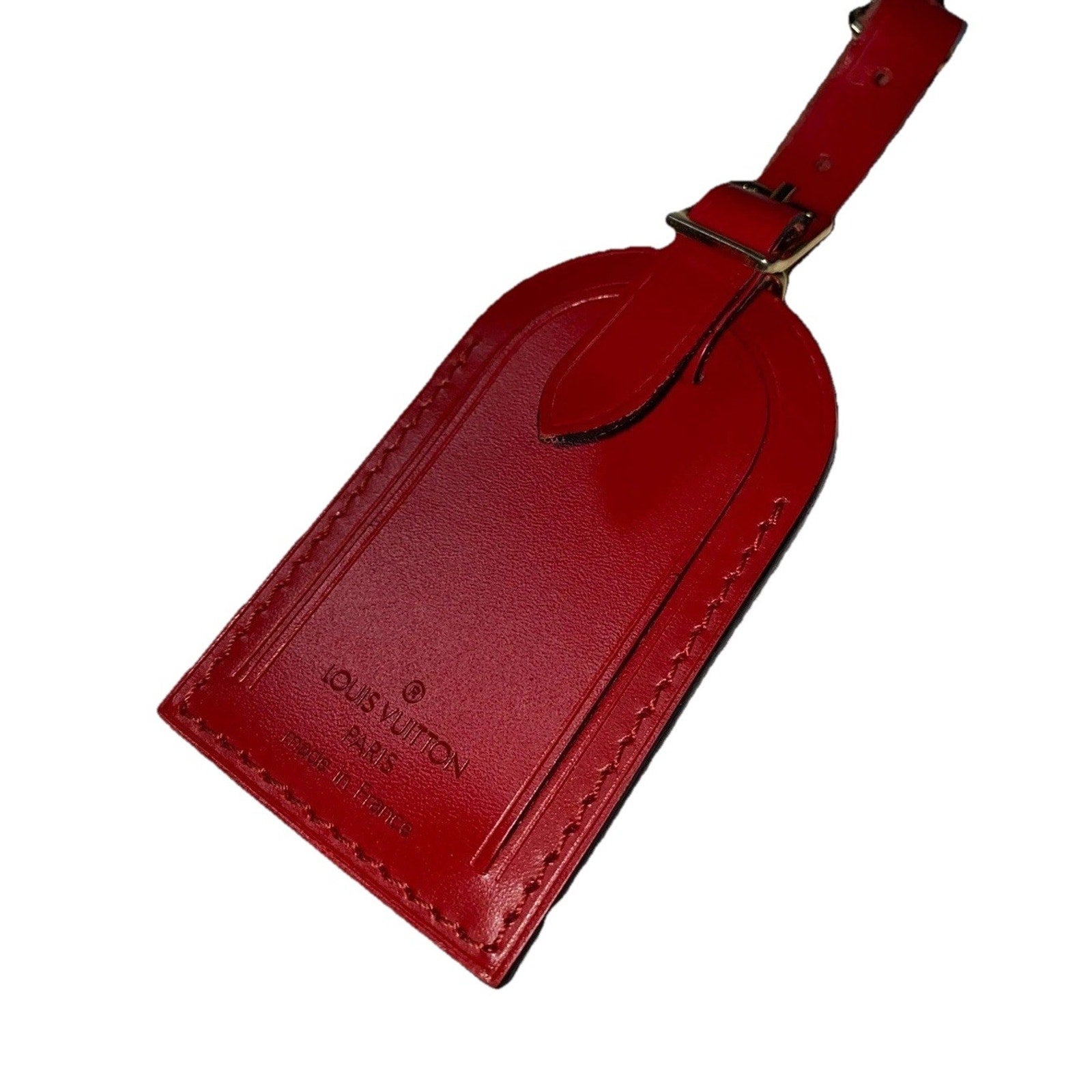 Louis Vuitton Red Luggage Name Tag Leather Goldtone AUTHENTIC France