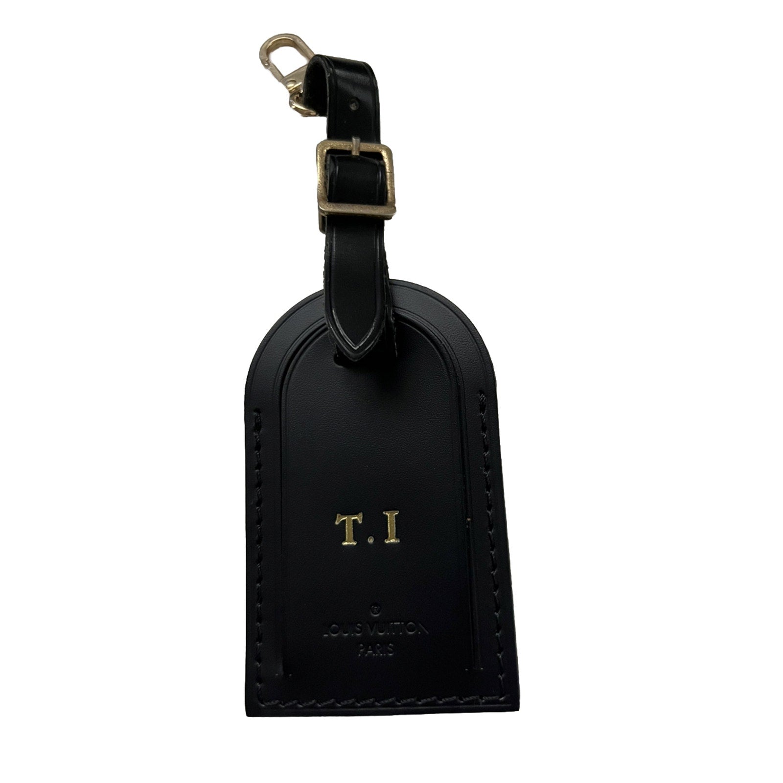 Louis Vuitton Paris Name Tag w/ TI Initials Goldtone Black Large