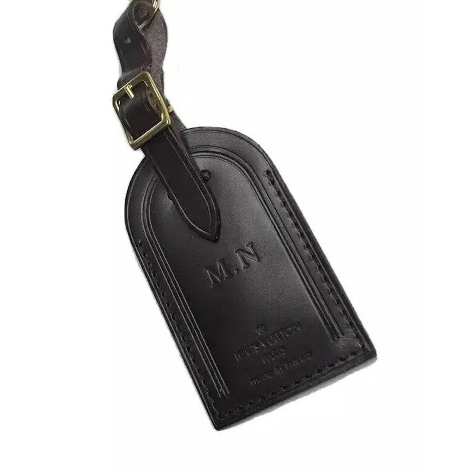 Louis Vuitton Name Tag w/ NM Stamped Dark Brown Leather Goldtone Large