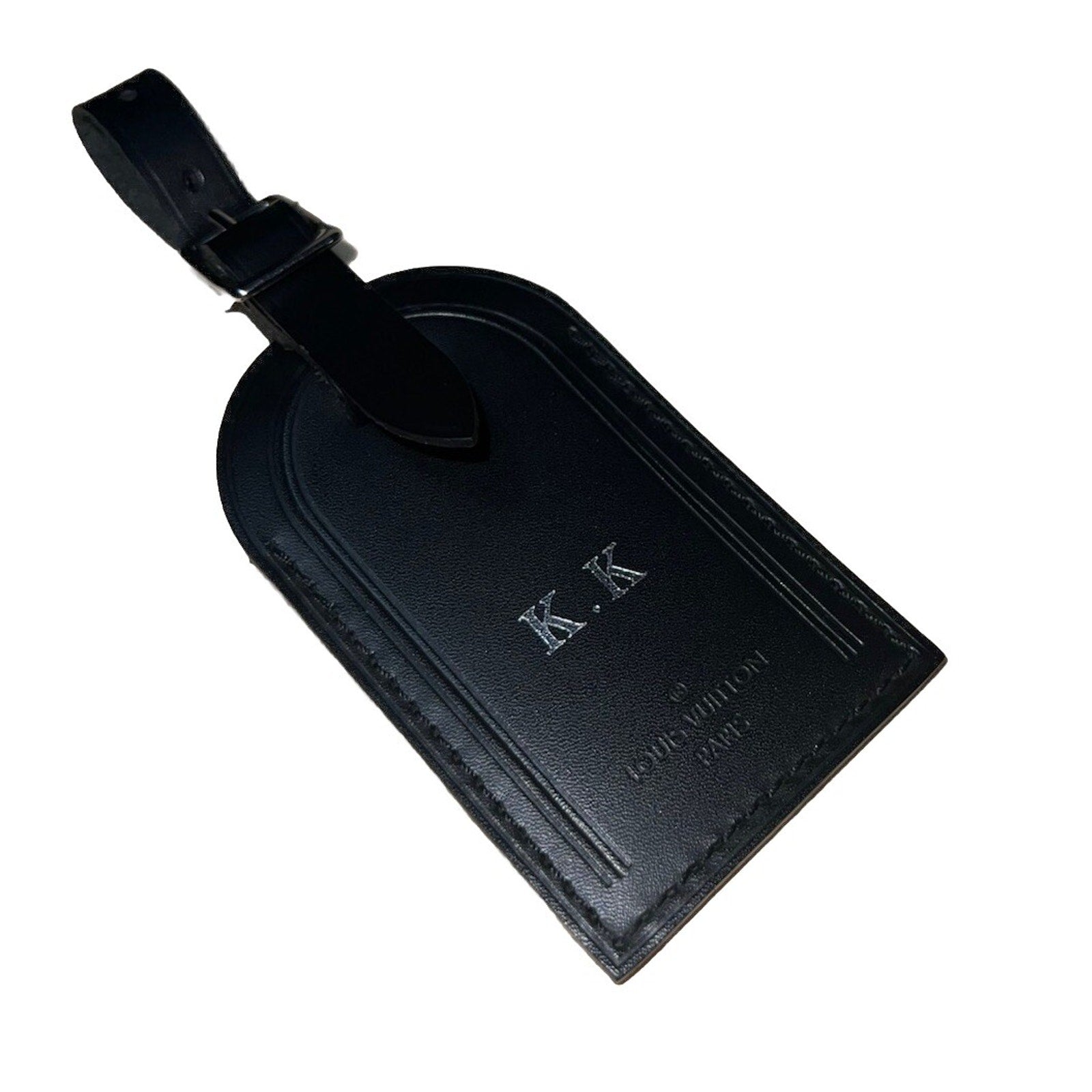 Louis Vuitton Paris KK Silver ID Name Tag Black Leather Silver Tone Large 🍂