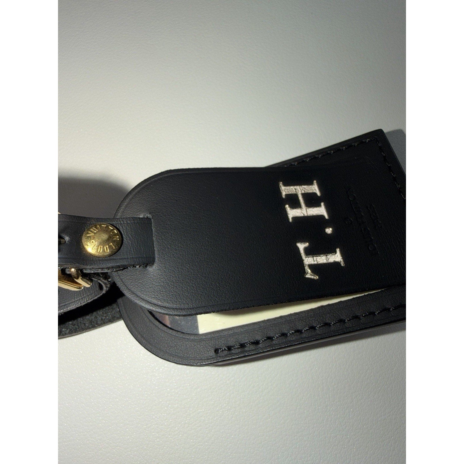 Louis Vuitton Name Tag w/ T H Initials Goldtone Black Large Black