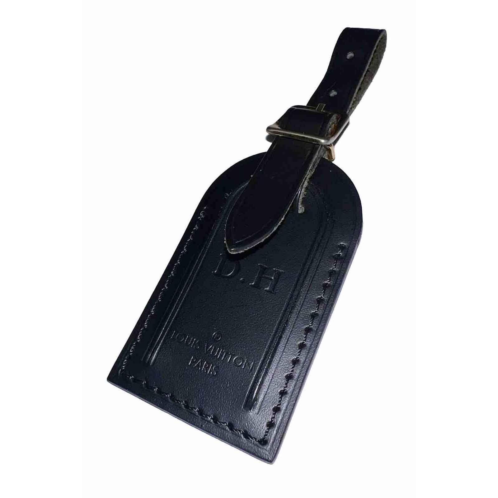 Louis Vuitton Paris Name Tag w/ D H Initials Black Leather Small Goldtone