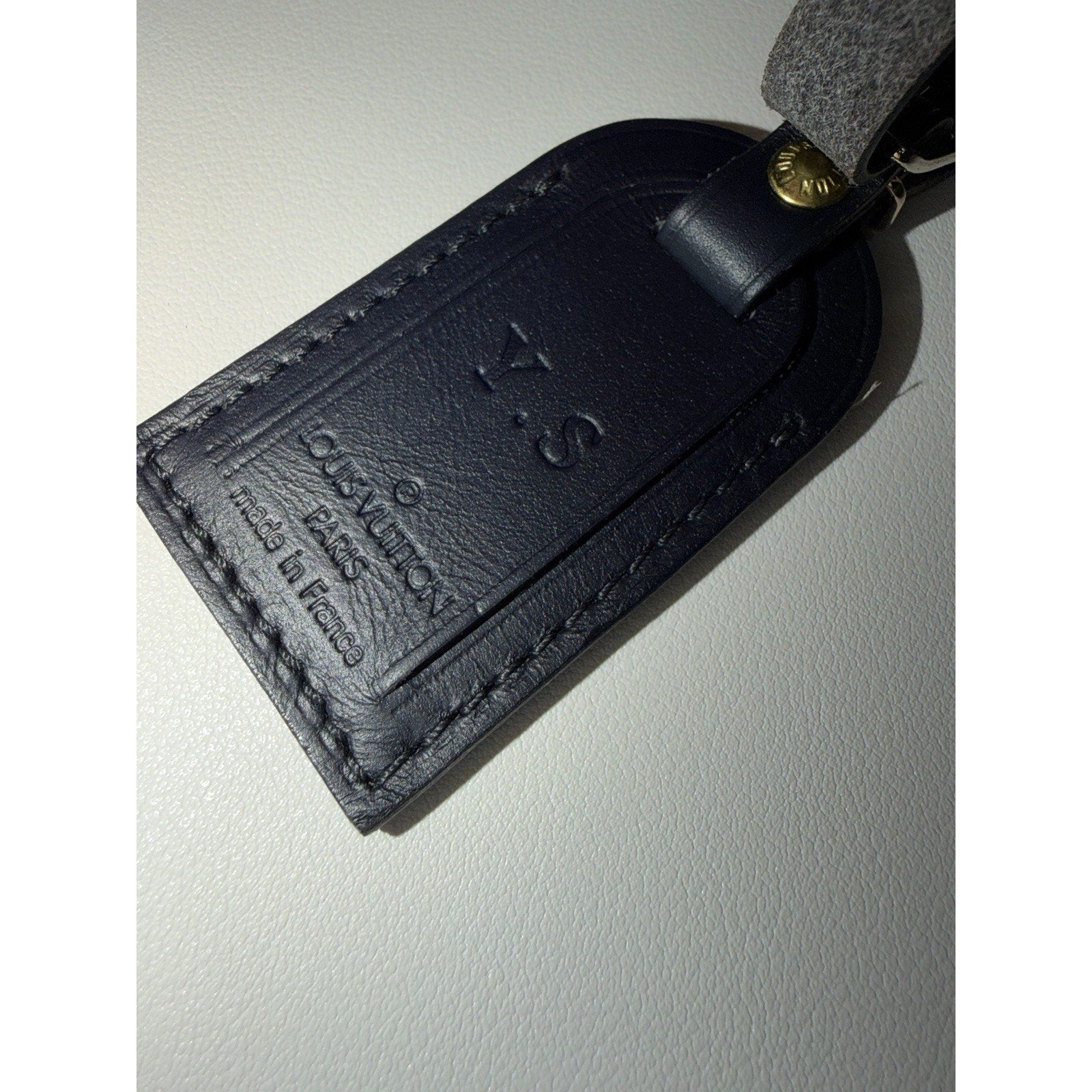 Louis Vuitton Black Leather Name Tag w/ Y S Initials Small Goldtone France