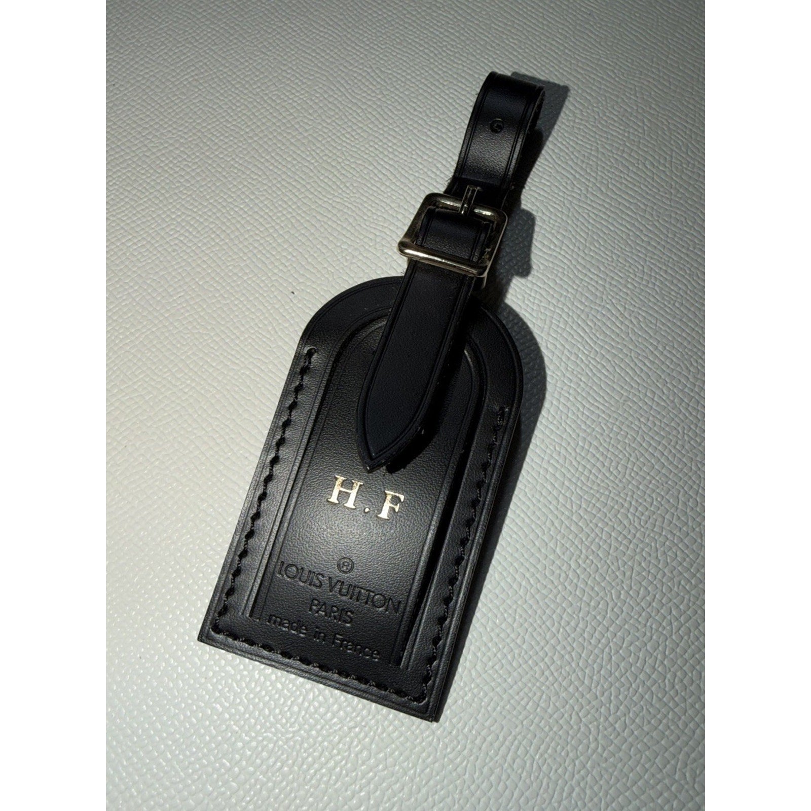Louis Vuitton Black Name Tag w/ H F Initials Small Goldtone Mint