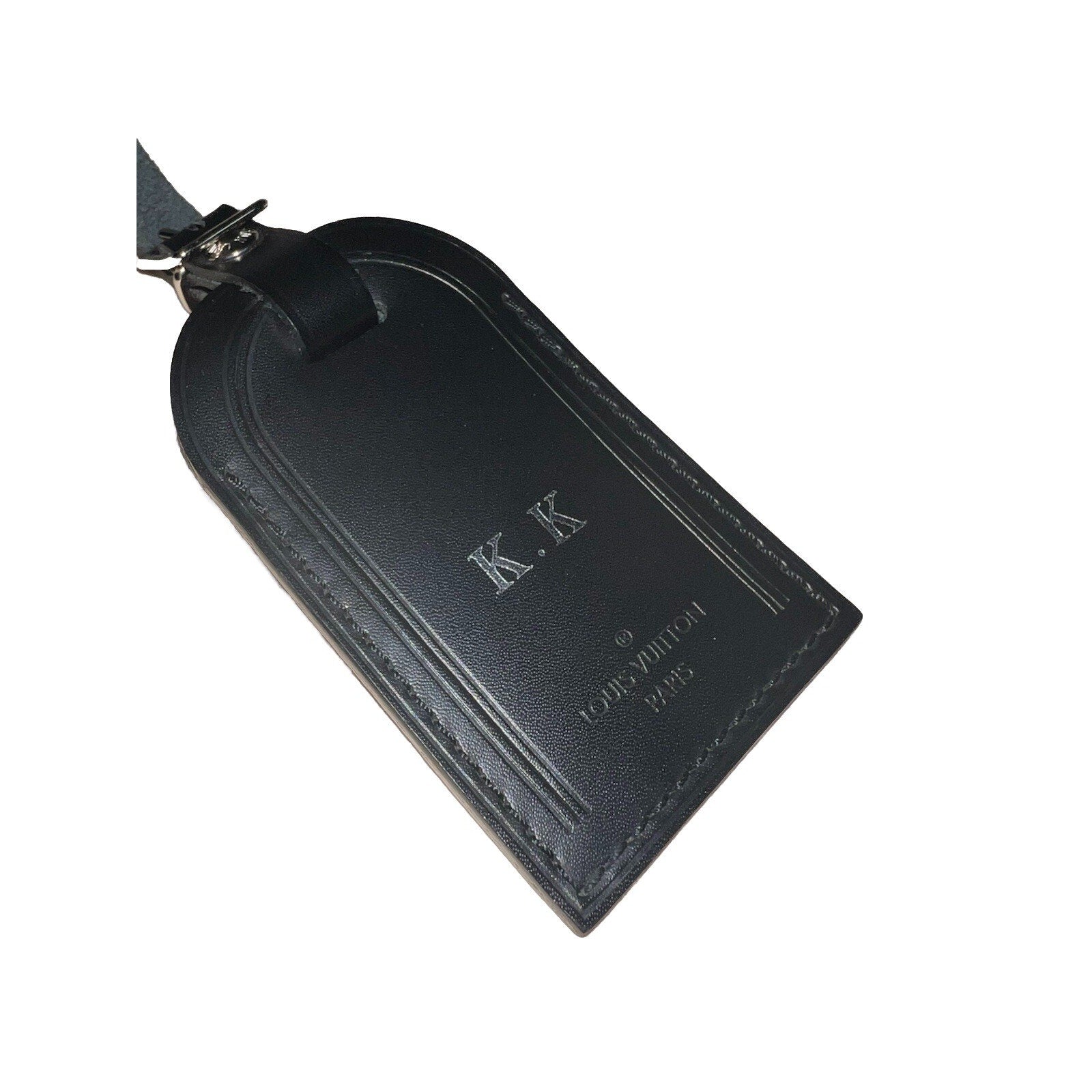 Louis Vuitton Paris KK Silver ID Name Tag Black Leather Silver Tone Large 🍂