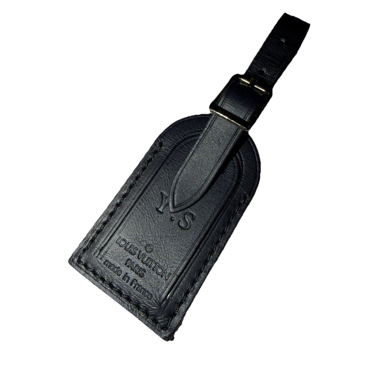 Louis Vuitton Black Leather Name Tag w/ Y S Initials Small Goldtone France