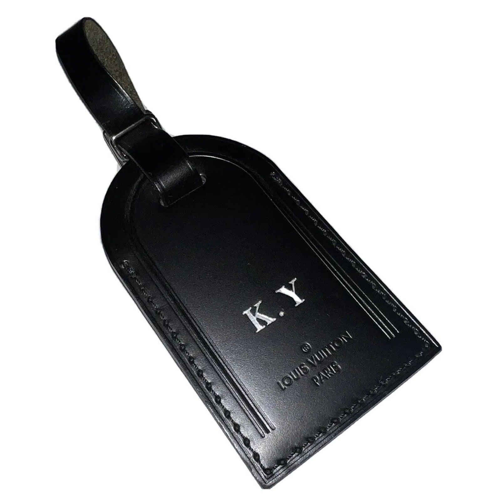 Louis Vuitton Paris Black Name Tag w/ KY Initials Silver- tone Metal UEC