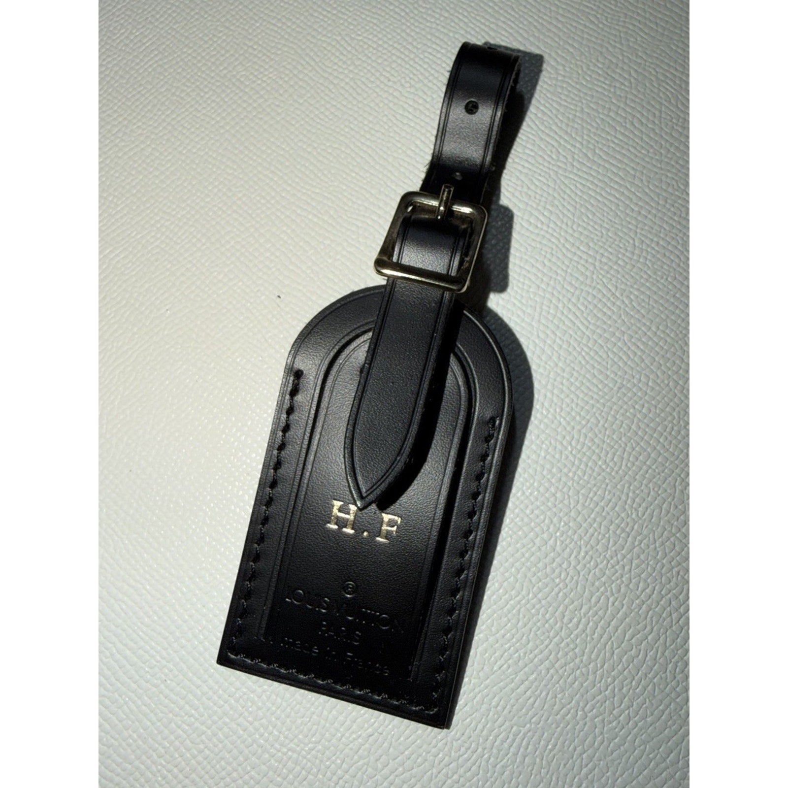 Louis Vuitton Black Name Tag w/ H F Initials Small Goldtone Mint