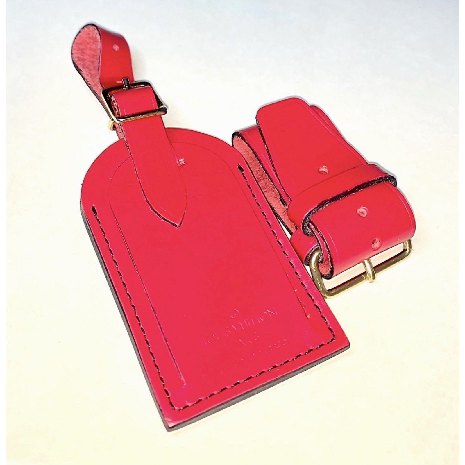 Louis Vuitton Red Name Tag Goldtone Metal Black Stitchi w/ Poignet Set