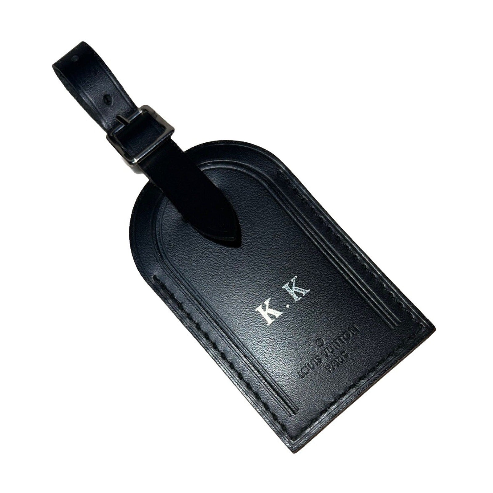 Louis Vuitton Paris KK Silver ID Name Tag Black Leather Silver Tone Large 🍂