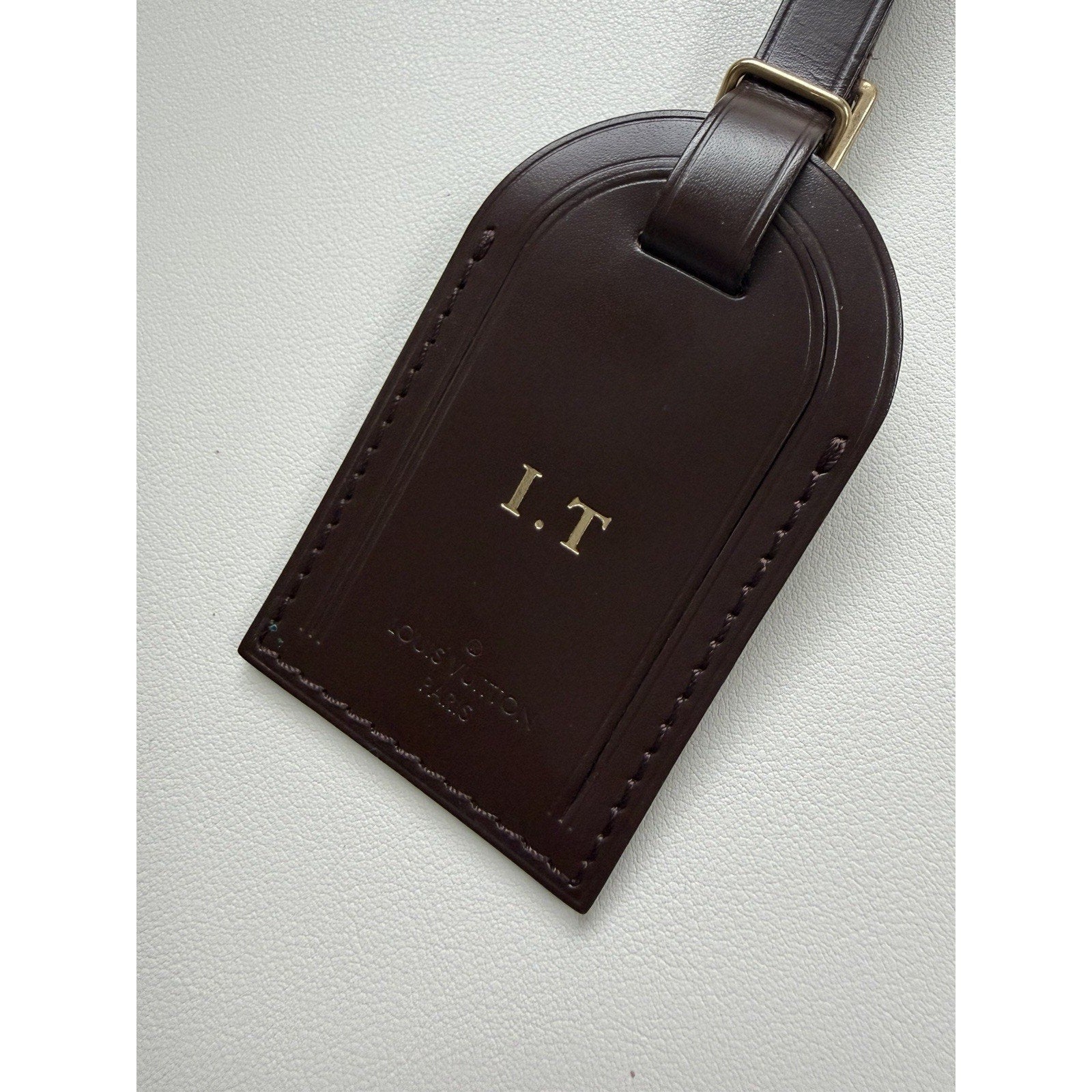 Louis Vuitton Name Tag w/ IT Initials Gold-tone Brown Leather Damier Ebene