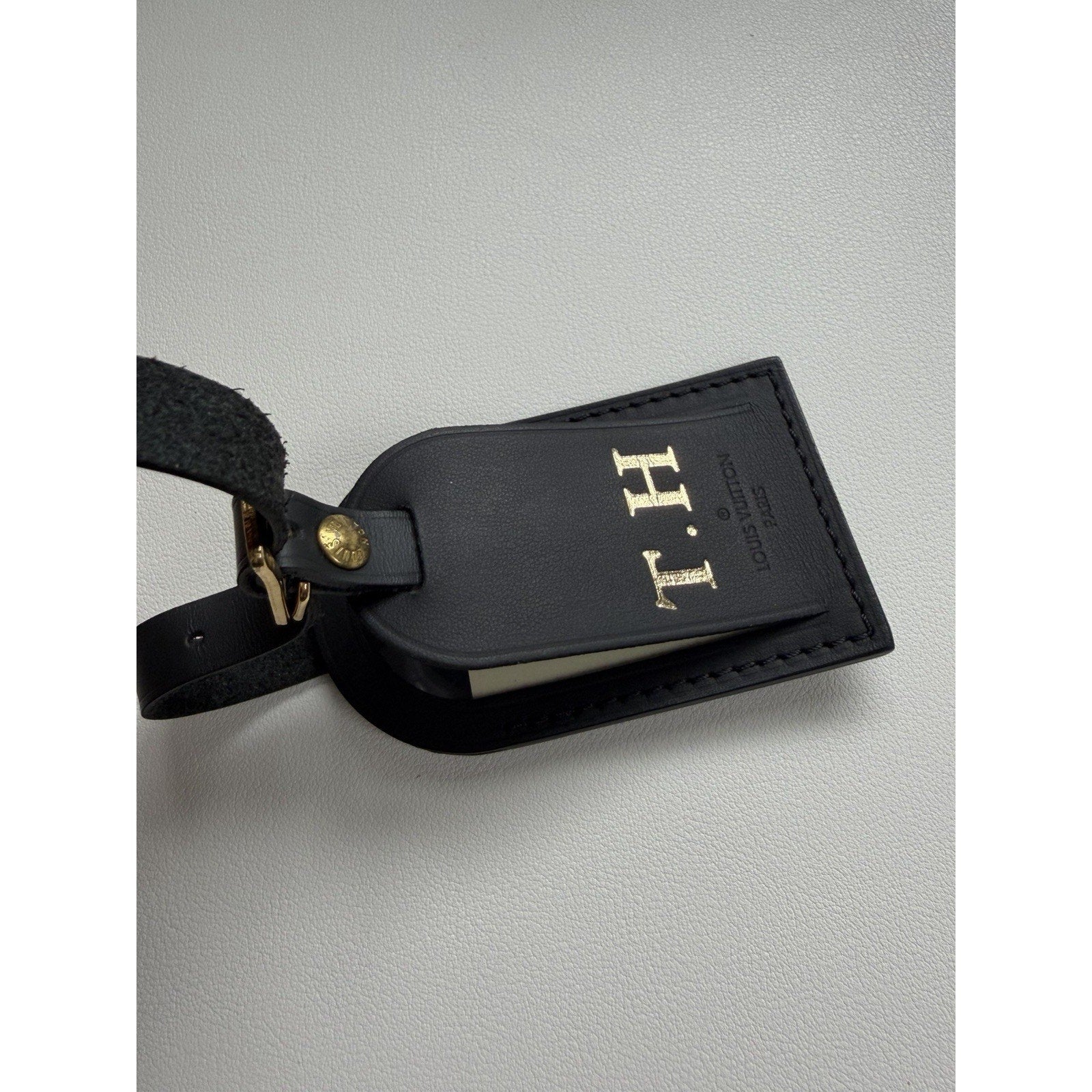 Louis Vuitton Name Tag w/ T H Initials Goldtone Black Large Black