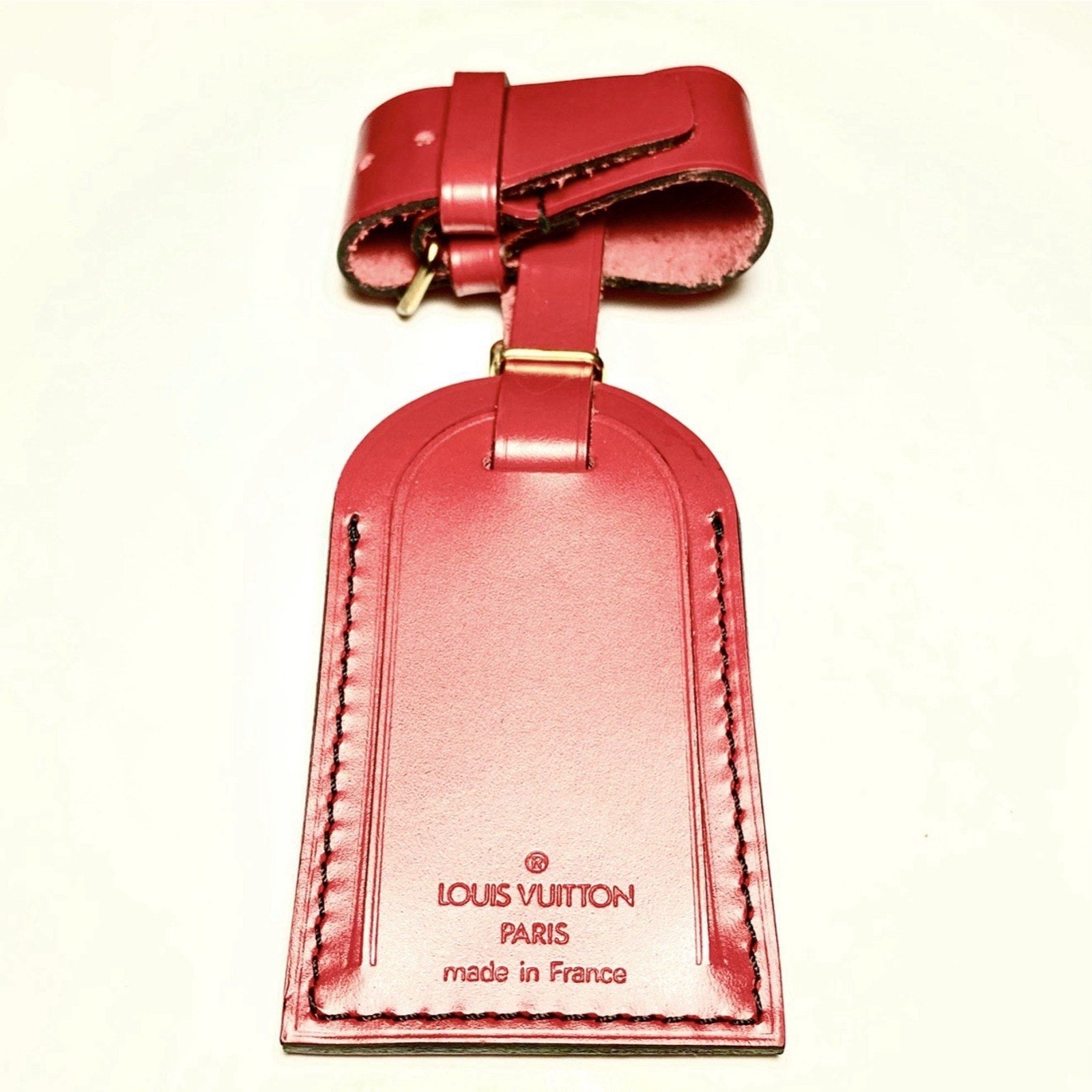 Louis Vuitton Red Name Tag Goldtone Metal Black Stitchi w/ Poignet Set