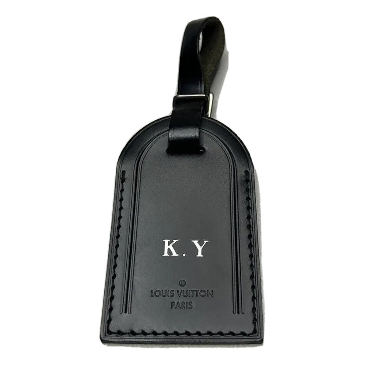Louis Vuitton Paris Black Name Tag w/ KY Initials Silver Buckle