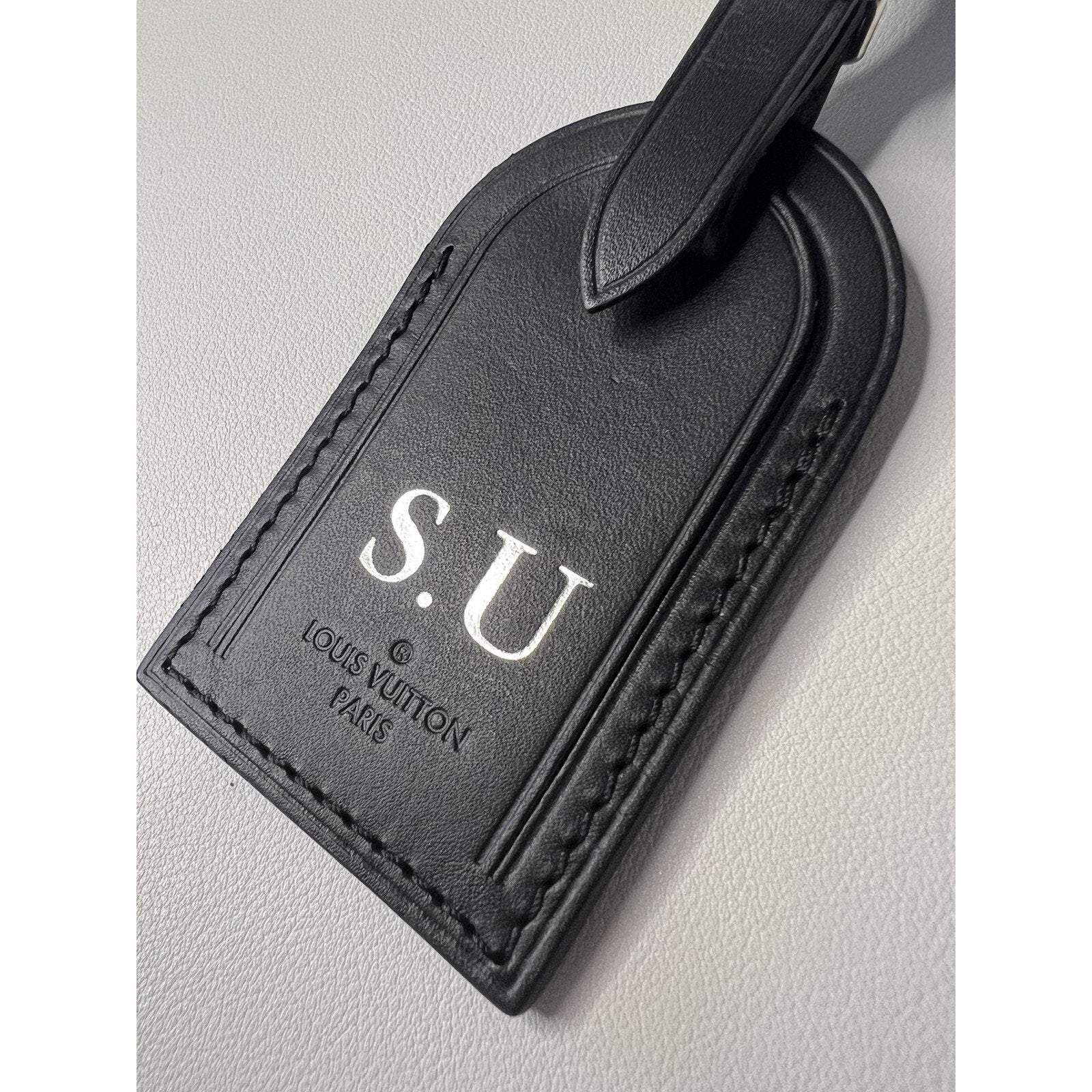 Louis Vuitton Paris Black Leather Name Tag Large Silvertone SU Initials