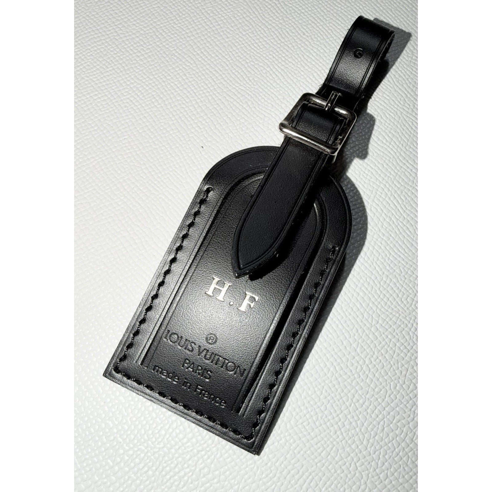 Louis Vuitton Black Name Tag w/ H F Initials Small Goldtone Mint