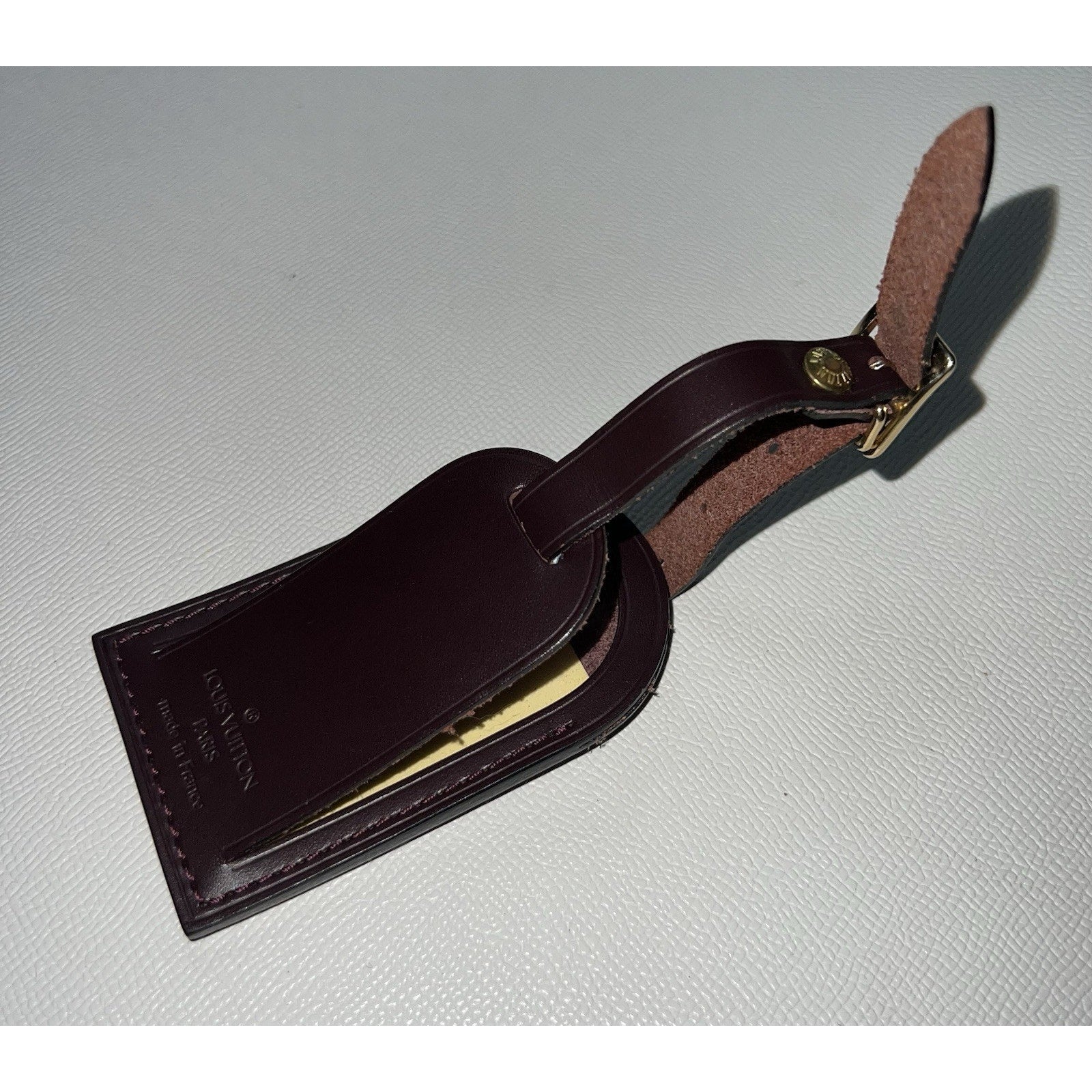 RARE Louis Vuitton Name Tag Plum Leather Bordeaux France Goldtone