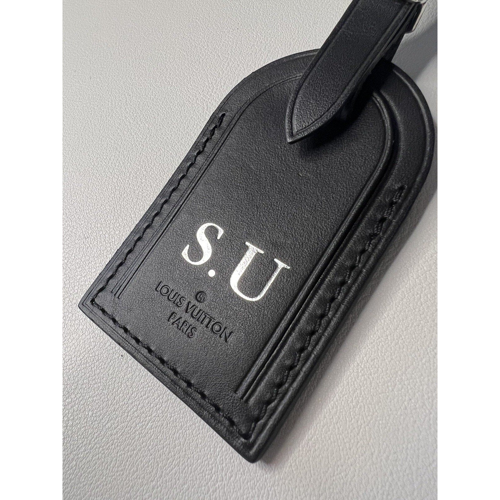 Louis Vuitton Paris Black Leather Name Tag Large Silvertone SU Initials