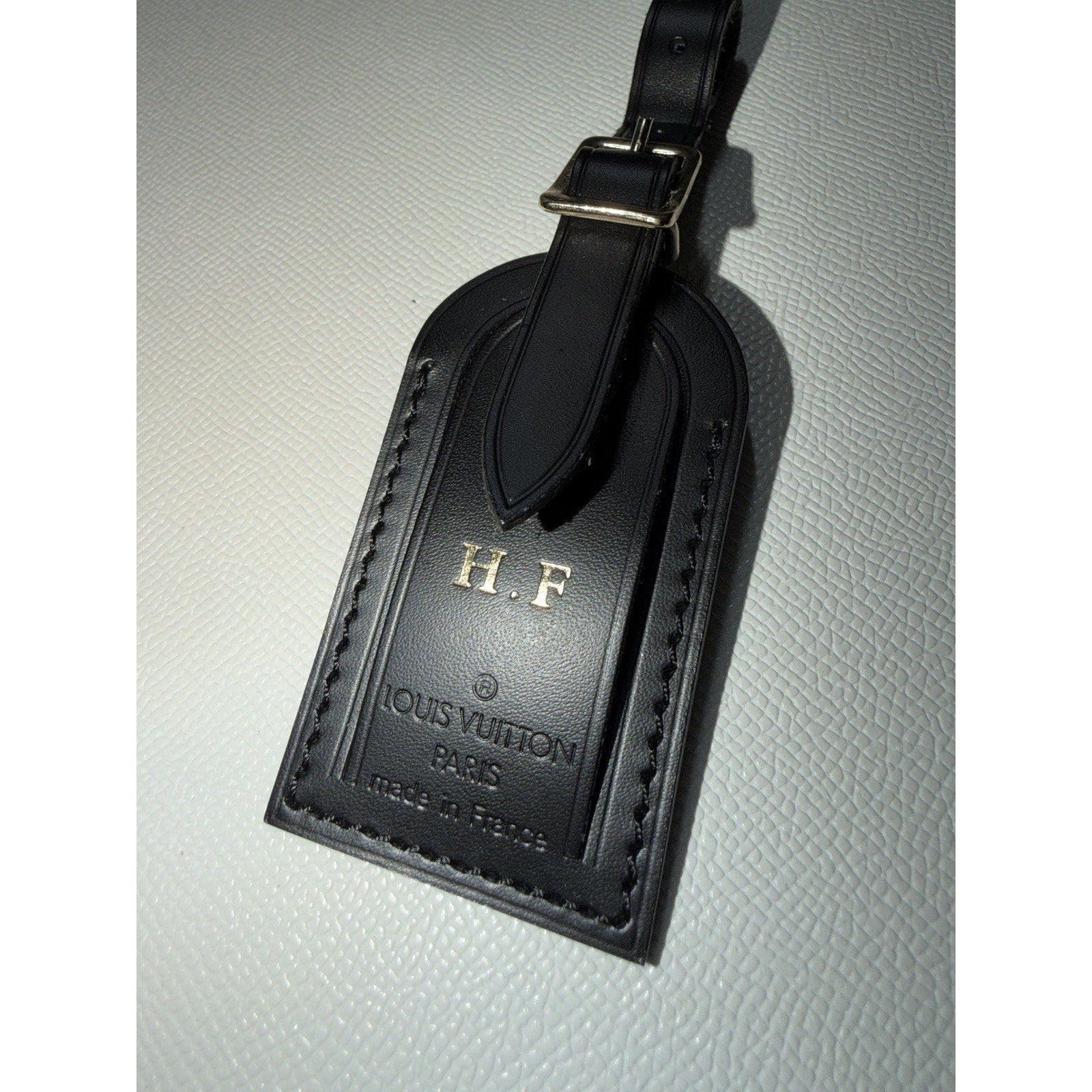 Louis Vuitton Black Name Tag w/ H F Initials Small Goldtone Mint