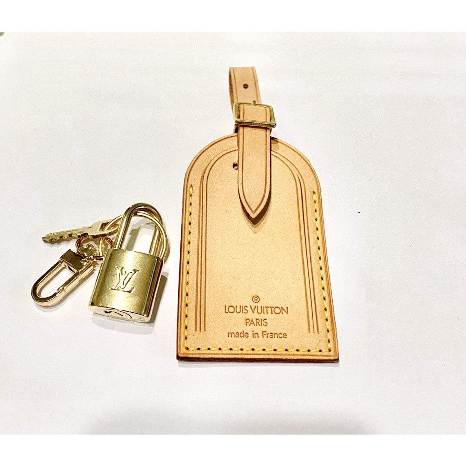 Louis Vuitton Name Tag w/ Strap Padlock & Key 1 Set ~Goldtone Authentic!