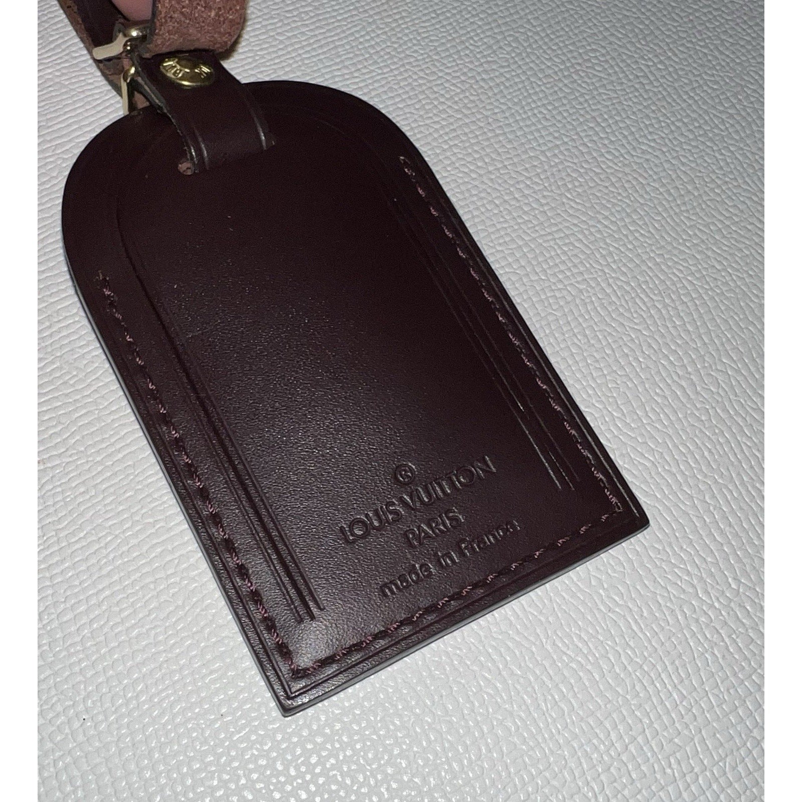 RARE Louis Vuitton Name Tag Plum Leather Bordeaux France Goldtone
