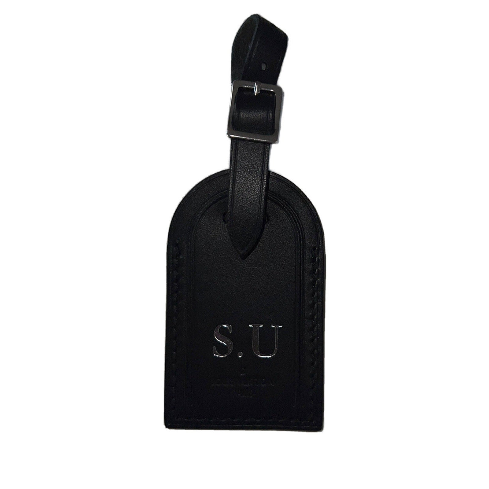 Louis Vuitton Paris Black Leather Name Tag Large Silvertone SU Initials