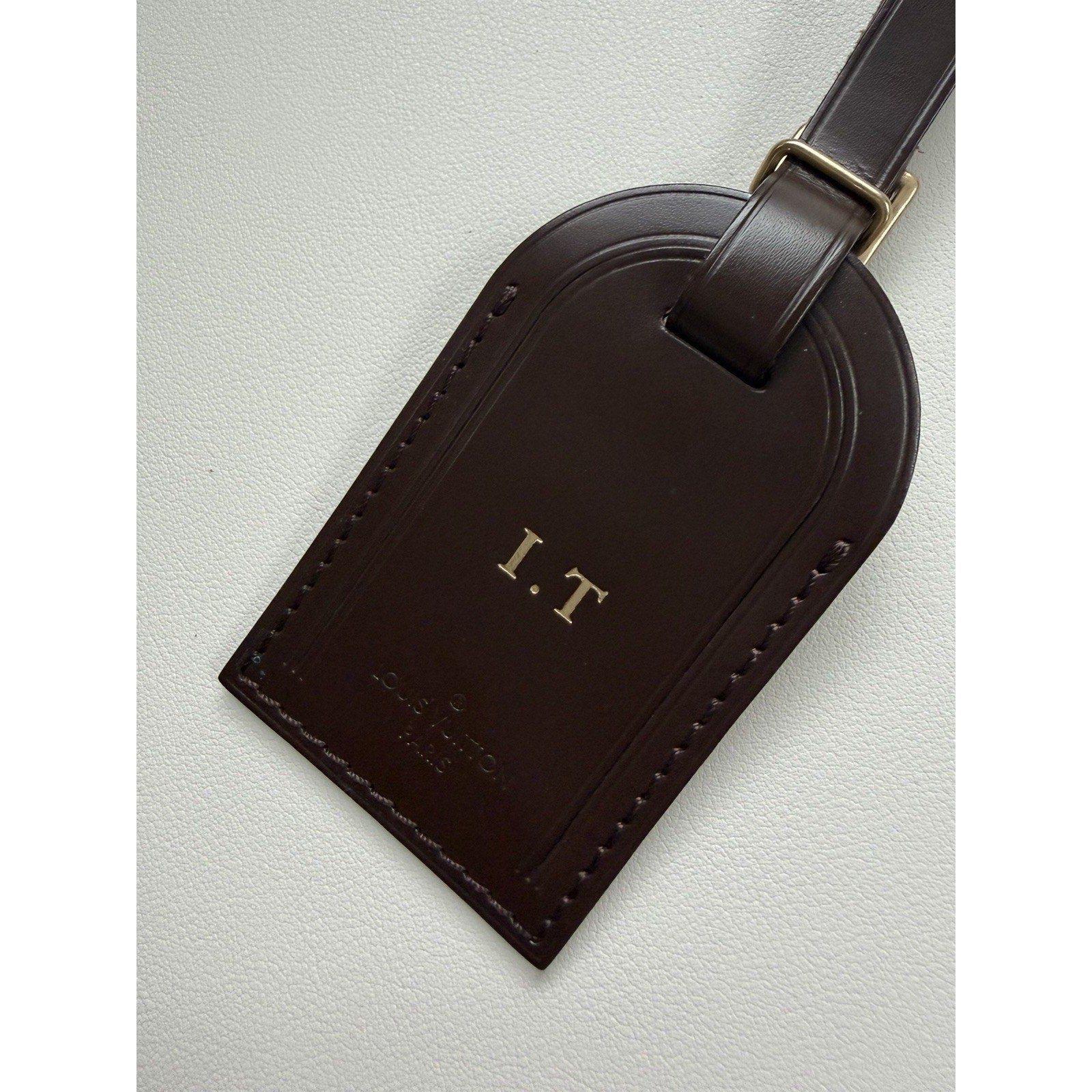Louis Vuitton Luggage Tag w/ IT Initials Gold-tone Leather Damier Ebene Brown