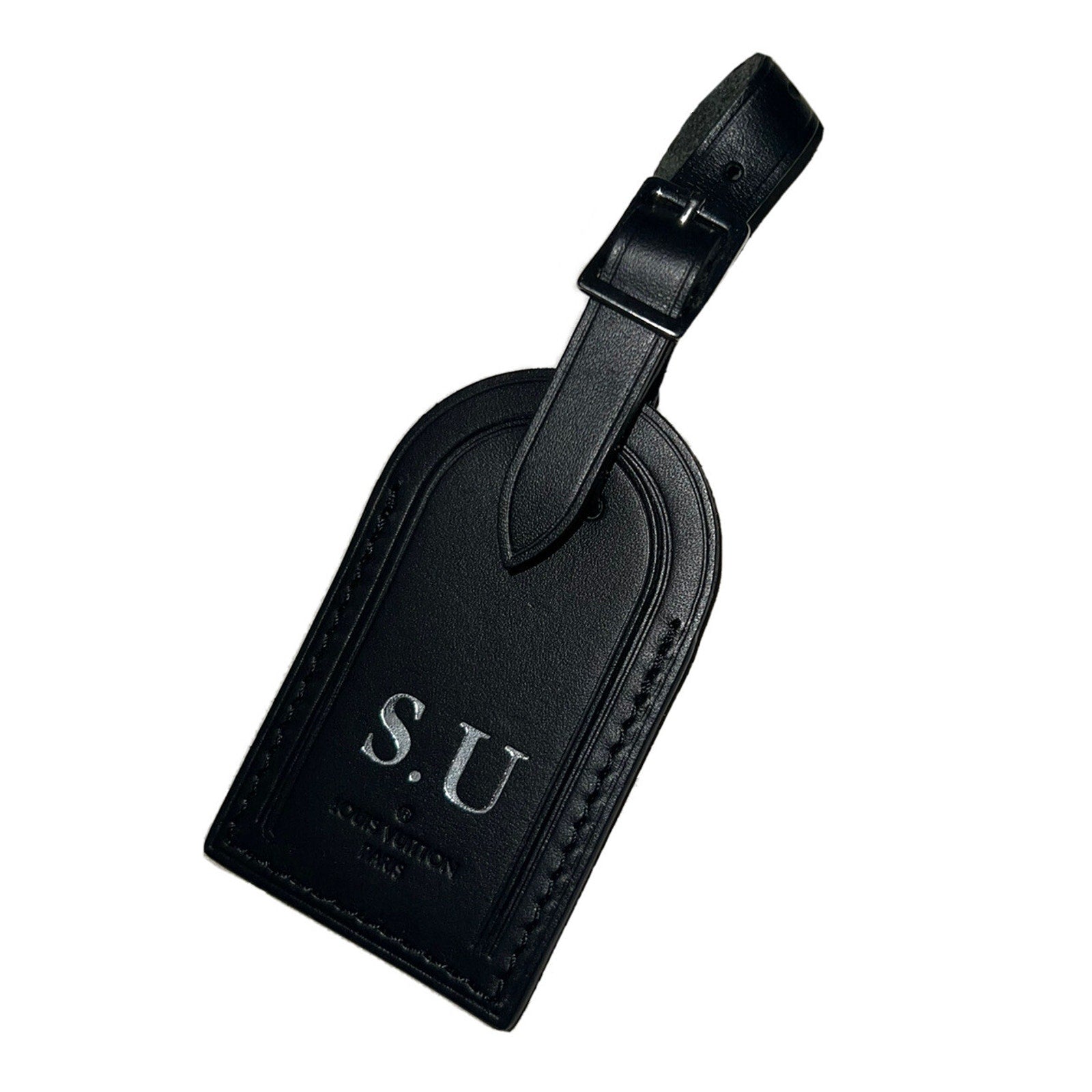 Louis Vuitton Paris Black Leather Name Tag Large Silvertone SU Initials