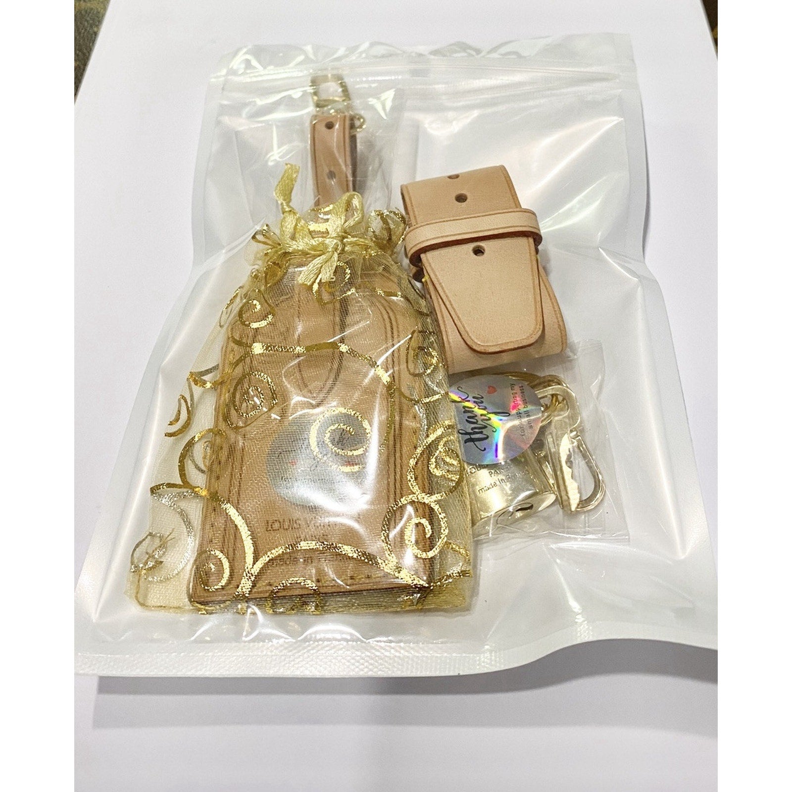 Louis Vuitton Name Tag w/ Strap Padlock & Key 1 Set ~Goldtone Authentic!