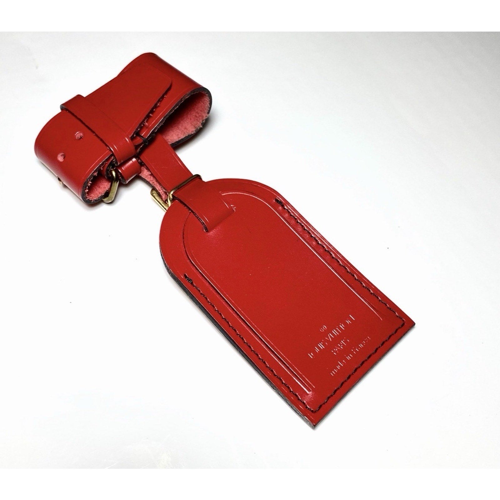 Louis Vuitton Red Leather Name Tag Goldtone Metal Black Stitching w/ Strap Set