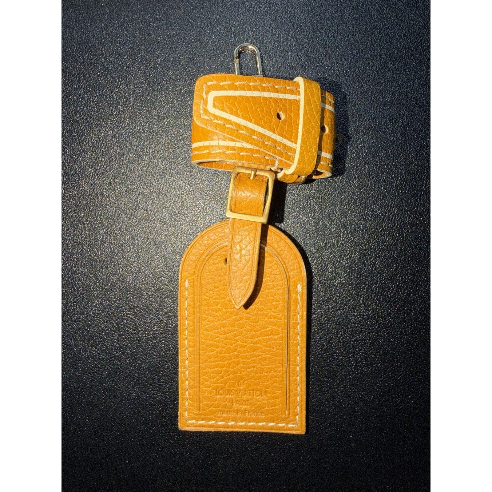 Rare Louis Vuitton Orange Name Tag w/ Strap Grained Leather Gold Pumpkin
