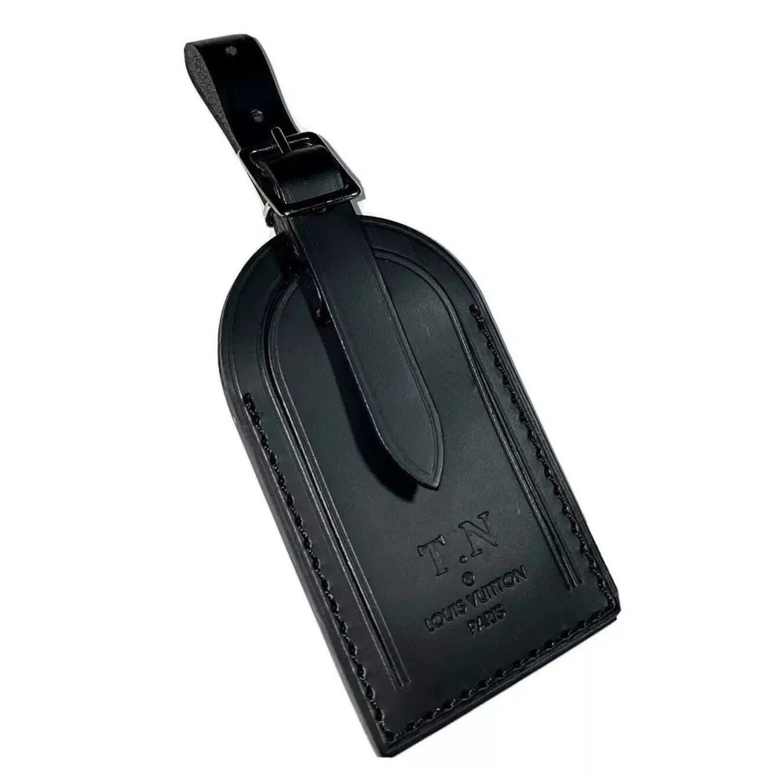 Louis Vuitton Paris Name Tag w/ TN Initials Goldtone Black Leather