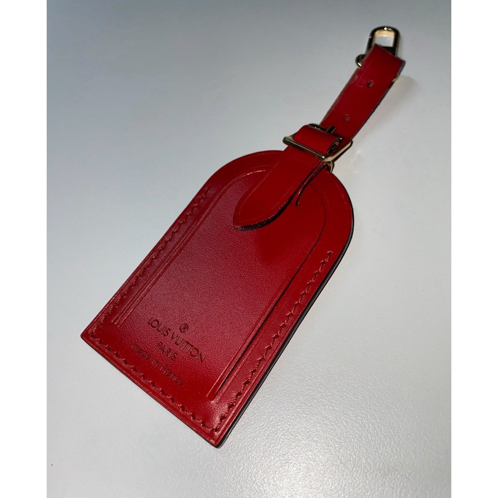 Louis Vuitton Red Leather Luggage Tag Goldtone Buckle