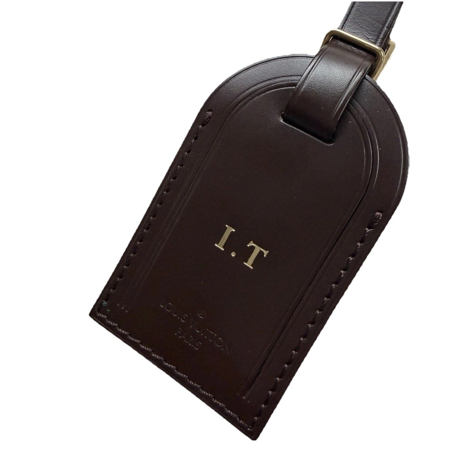 Louis Vuitton Luggage Tag w/ IT Initials Gold-tone Leather Damier Ebene Brown
